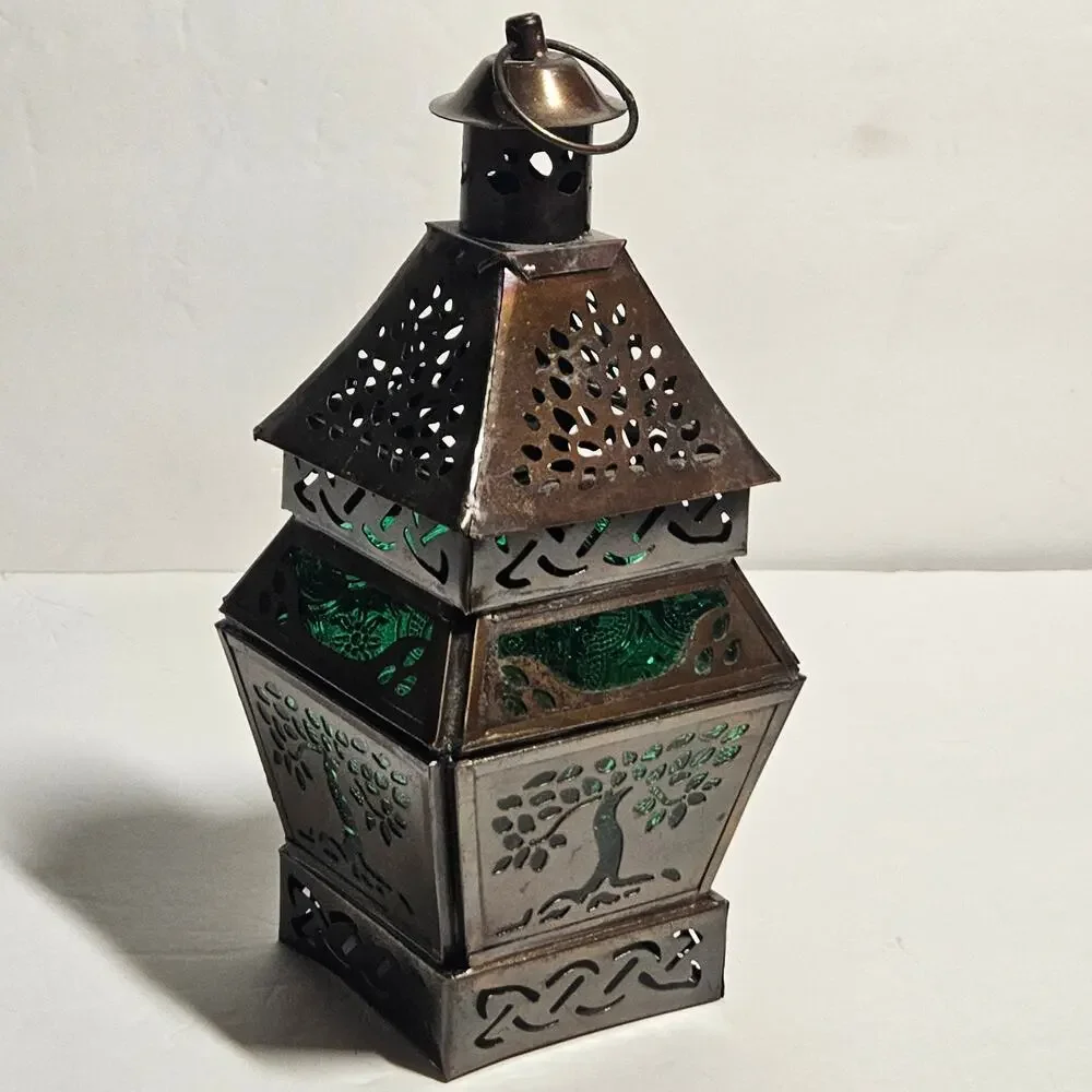 Vintage Pier 1 Imports Tree of Life Green Glass Moroccan Lantern